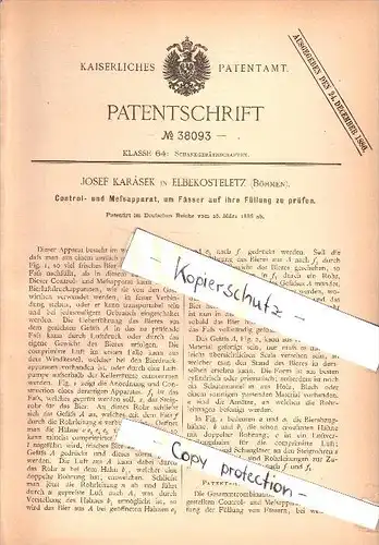 Original Patent - Josef Karásek in Elbekosteletz / Kostelec nad Labem , 1886 , Control- und Meßapparat für Fässer !!!
