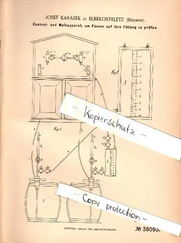 Original Patent - Josef Karásek in Elbekosteletz / Kostelec nad Labem , 1886 , Control- und Meßapparat für Fässer !!!