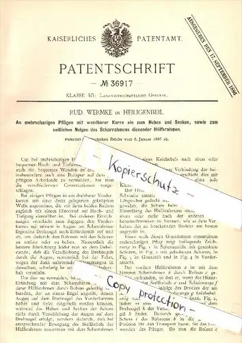 Original Patent - R. Wermke in Heiligenbeil / Mamonowo , 1886 , Hilfsrahmen für Pflüge , Landwirtschaft , Rußland !!!