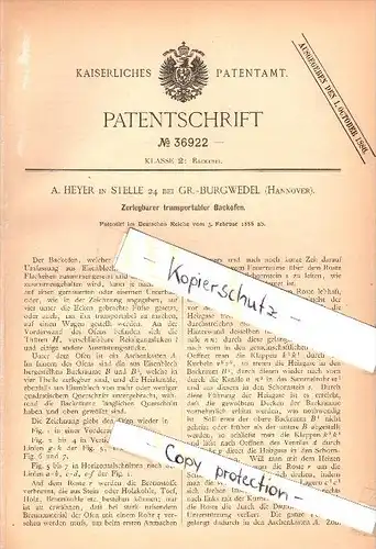 Original Patent -A. Heyer in Stelle 24 bei Großburgwedel , 1886 , transportabler Backofen , Bäckerei , Bäcker , Hannover