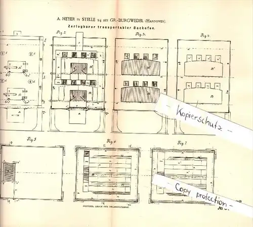 Original Patent -A. Heyer in Stelle 24 bei Großburgwedel , 1886 , transportabler Backofen , Bäckerei , Bäcker , Hannover