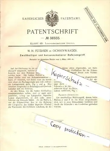 Original Patent - M. Petersen in Ochsenwärder b. Hamburg ,1886, zweiteiliges Hufeisen , Schmied , Pferde , Ochsenwerder
