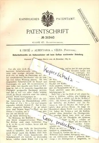 Original Patent -  E. Fistié em Albergaria-a-Velha , 1885 , As valvulas de seguranca e válvula de pistao !!
