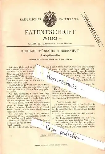 Original Patent - Richard Wünsche in Herrnhut b. Görlitz , 1884 , Schwingsiebmaschine , Maschinenbau , Landwirtschaft !!