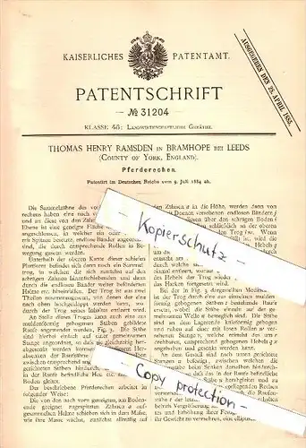 Original Patent - Th. Ramsden in Bramhope near Leeds , 1884 , Rake for horses , agriculture !!!