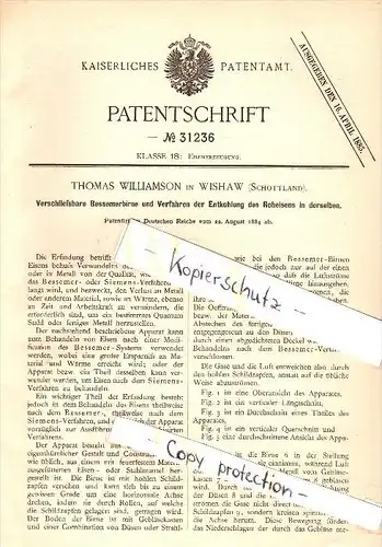 Original Patent - Thomas Williamson in Wishaw , Scotland , 1884 , Method for decarburization of pig iron !!!