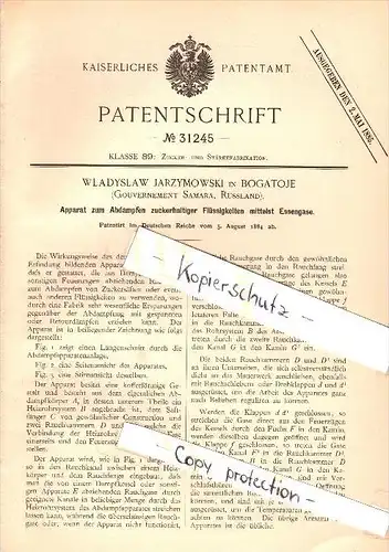 Original Patent - W. Jarzymowski in Bogatoje b. Samara , Russland , 1884 , Apparat für Zucker , Zuckerfabrik !!!