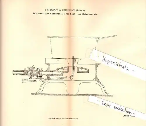 Original Patent - J.G. Dupuy à Caudéran , Gironde , 1883 , Cuisine et appareils de chauffage !!!