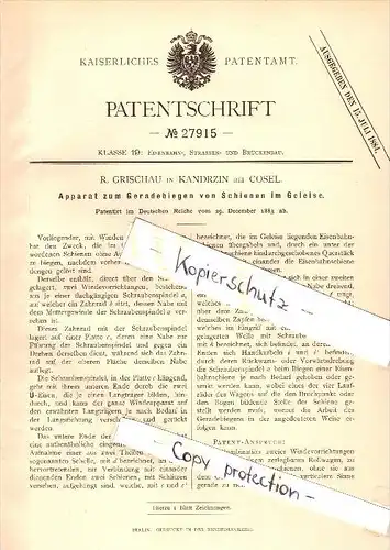 Original Patent - R. Grischau in Kandrzin b. Cosel / Kedzierzyn-Kozle , 1883 , Apparat für Schienen , Eisenbahn !!!