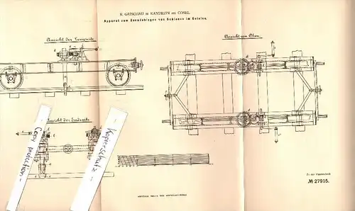 Original Patent - R. Grischau in Kandrzin b. Cosel / Kedzierzyn-Kozle , 1883 , Apparat für Schienen , Eisenbahn !!!