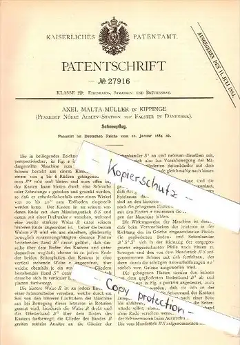 Original Patent - A. Malta-Müller in Kippinge , Pfarrhof Nórre Aslev-Station , 1884 , Schneepflug , Schnee !!!