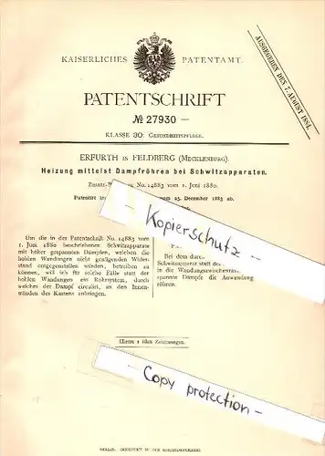 Original Patent - Erfurth in Feldberg i. Mecklenburg , 1883 , Heizung mittels Dampfröhren , Heizungsbau !!!