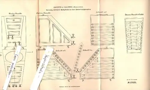 Original Patent - Erfurth in Feldberg i. Mecklenburg , 1883 , Heizung mittels Dampfröhren , Heizungsbau !!!