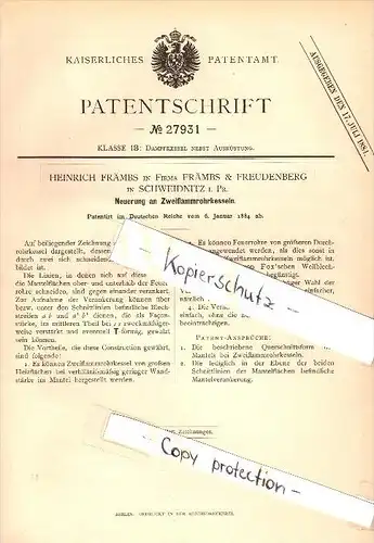 Original Patent  - Främbs & Freudenberg in Schweidnitz / Swidnica ,1884, Zweiflammrohrkessel , Dampfmaschine