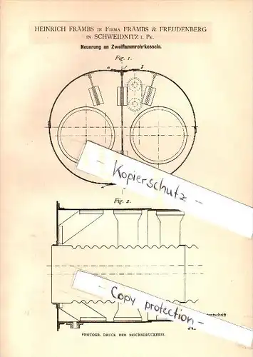 Original Patent  - Främbs & Freudenberg in Schweidnitz / Swidnica ,1884, Zweiflammrohrkessel , Dampfmaschine