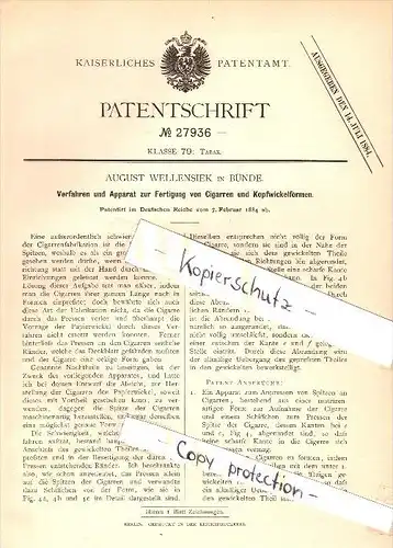 Original Patent  - August Wellensiek in Bünde , 1884 , Apparat zur Fertigung von Cigarren , Cigarre , Zigarren !!!