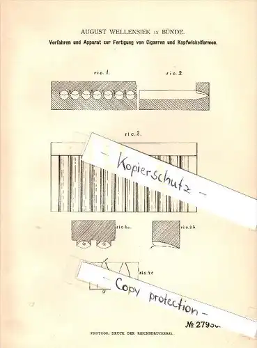 Original Patent  - August Wellensiek in Bünde , 1884 , Apparat zur Fertigung von Cigarren , Cigarre , Zigarren !!!