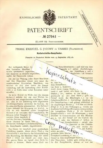 Original Patent  - G. Jacomy à Tarbes , 1883 , moteur à vapeur !!!