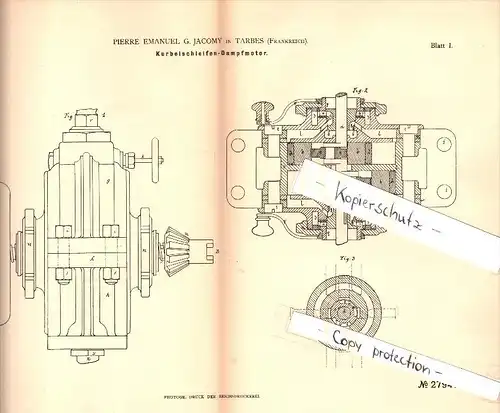 Original Patent  - G. Jacomy à Tarbes , 1883 , moteur à vapeur !!!