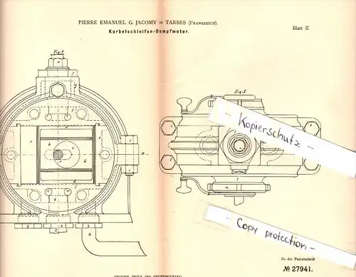 Original Patent  - G. Jacomy à Tarbes , 1883 , moteur à vapeur !!!