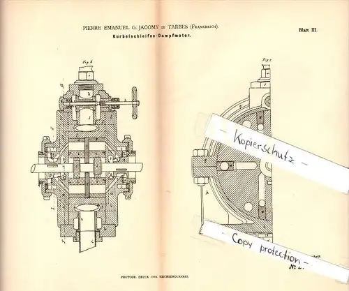 Original Patent  - G. Jacomy à Tarbes , 1883 , moteur à vapeur !!!