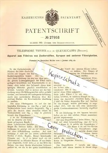 Original Patent  - Telesphore Trivier in Quevaucamps , Belgium , 1884 , Apparat für Zuckersaft , Zucker , Sirup !!!