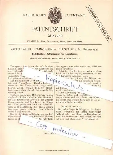 Original Patent- O. Faller in Winzingen bei Neustadt a. H. , Rheinpfalz ,1886, Auffüllapparat für Lagerfässer , Brauerei