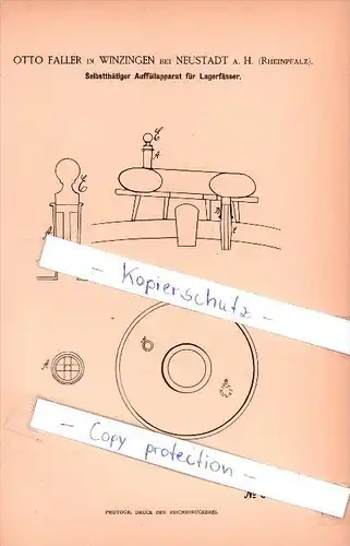 Original Patent- O. Faller in Winzingen bei Neustadt a. H. , Rheinpfalz ,1886, Auffüllapparat für Lagerfässer , Brauerei
