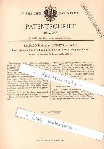 Original Patent- L. Fialla in Döblingen bei Wien , 1886 , Zwillingswasserstandszeig er mit Dreiwegehähnen !!!