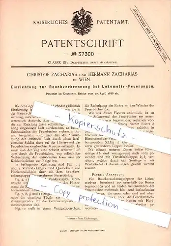 Original Patent-  H. Zacharias in Wien , 1886 , Rauchverbrennung bei Lokomotiv-Feuerungen , Eisenbahn !!!