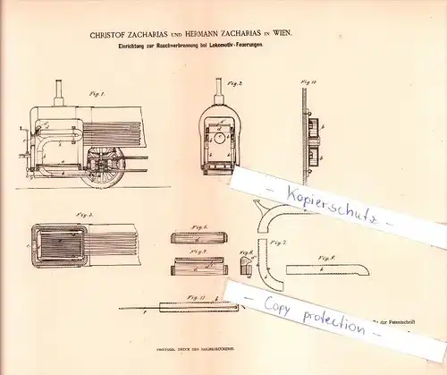 Original Patent-  H. Zacharias in Wien , 1886 , Rauchverbrennung bei Lokomotiv-Feuerungen , Eisenbahn !!!