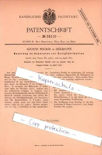 Original Patent  - Adolph Wecker in Heilbronn , 1885 , Apparate zur Essigfabrikation , Essig !!!