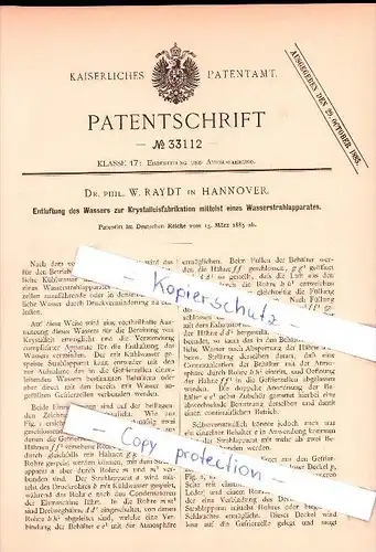 Original Patent  - Dr. Phil. W. Raydt in Hannover , 1885 ,  Entlüftung des Wassers zur Eisbereitung !!!