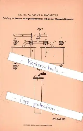Original Patent  - Dr. Phil. W. Raydt in Hannover , 1885 ,  Entlüftung des Wassers zur Eisbereitung !!!
