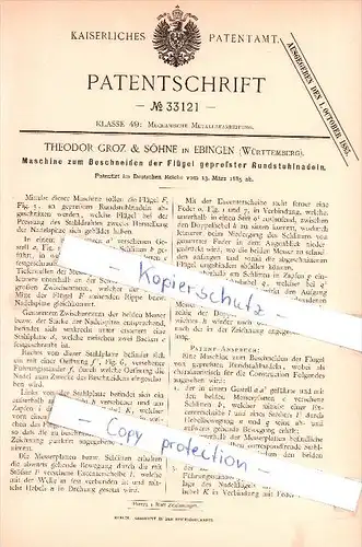 Original Patent  - T. Groz & Söhne in Ebingen , Württ. , 1885 , Maschine zur Metallbearbeitung , Albstadt , Metallbau !!