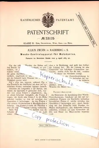 Original Patent  - Julius Zieger in Radeberg i. S. , 1885 , Controlapparat für Malzdarren , brauerei , Alkohol , Bier !!