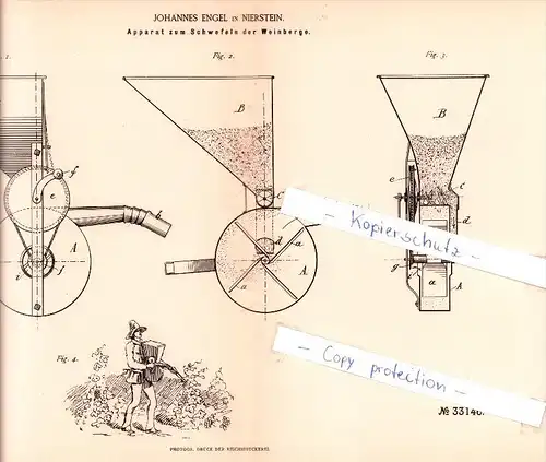 Original Patent  - Johannes Engel in Nierstein , 1885 , Apparat zum Schwefeln der Weinberge , Wein , Alkohol !!!