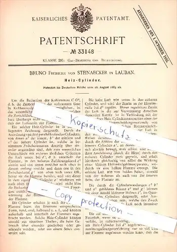Original Patent  - Bruno Freiherr von Steinaecker in Lauban / Lubán , 1883 , Heiz - Zylinder , Lampe !!!