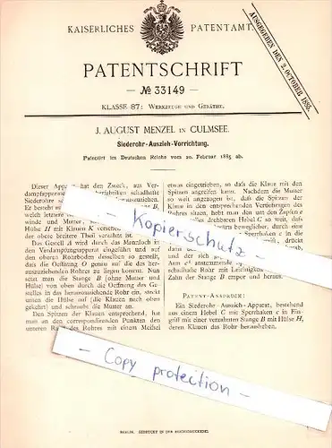 Original Patent  - J. August Menzel in Culmsee , 1885 , Siederohr - Auszieh - Vorrichtung !!!