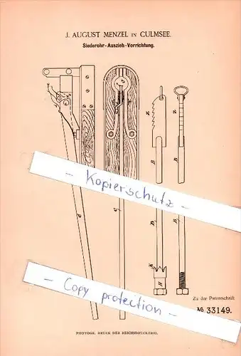 Original Patent  - J. August Menzel in Culmsee , 1885 , Siederohr - Auszieh - Vorrichtung !!!