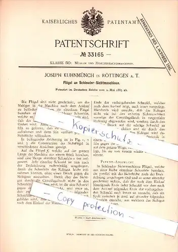 Original Patent  - Josef Kuhnmünch in Röttingen a. T.  , 1885 , Schleuder - Sichtmaschinen , Mühle !!!