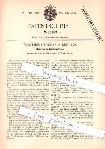 Original Patent  - Timotheus Tanner in Kempten , 1885 , Neuerung an Lampenaufzügen !!!