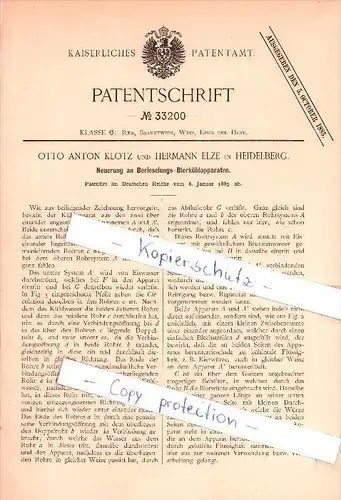 Original Patent  - O. Klotz und H. Elze in Heidelberg , 1885 , Berieselungs - Bierkühlapparaten , Bier , Brauerei !!