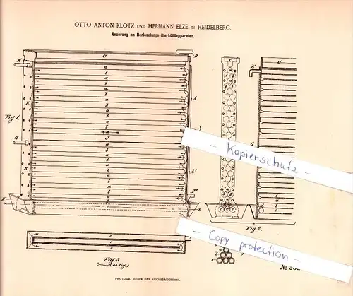 Original Patent  - O. Klotz und H. Elze in Heidelberg , 1885 , Berieselungs - Bierkühlapparaten , Bier , Brauerei !!