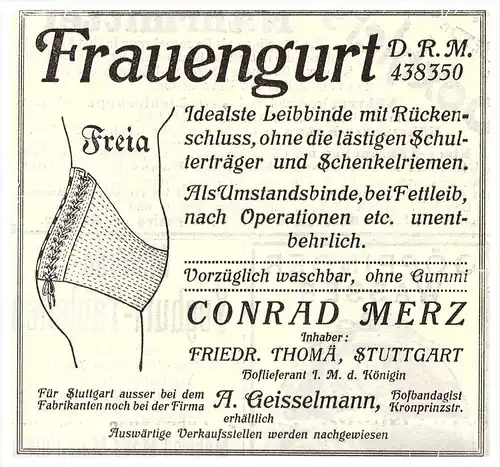 original Werbung - 1911 - Frauengurt , Conrad Merz in Stuttgart , F, Thomä , BH , Korsett , corset !!!