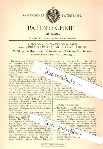 Original Patent  - Bonifacio Medina-Santurio à Houilles , 1893 , La production de porcelaine - Filtrer !!!