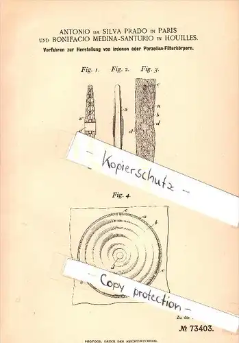 Original Patent  - Bonifacio Medina-Santurio à Houilles , 1893 , La production de porcelaine - Filtrer !!!