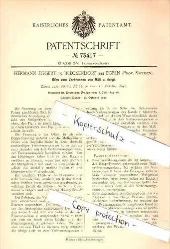 Original Patent - Hermann Eggert in Bleckendorf b. Egeln , 1893, Ofen zum Verbrennen von Müll , Müllverbrennung , Abfall