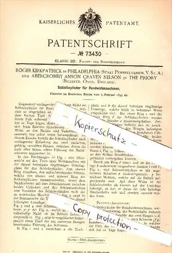 Original Patent - A. Nelson in The Priory , Bicester , 1893 ,Lock cylinder for circular knitting machines , Oxon !!!