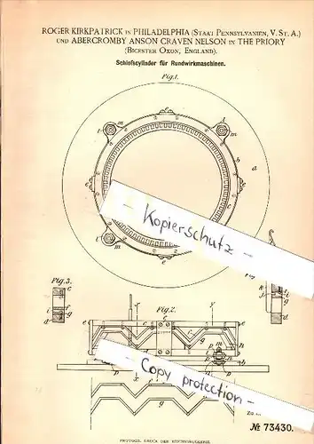 Original Patent - A. Nelson in The Priory , Bicester , 1893 ,Lock cylinder for circular knitting machines , Oxon !!!